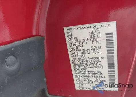 2008 Nissan Titan Xe z USA, uszkodzony, nr VIN 1N6AA06F68N319881